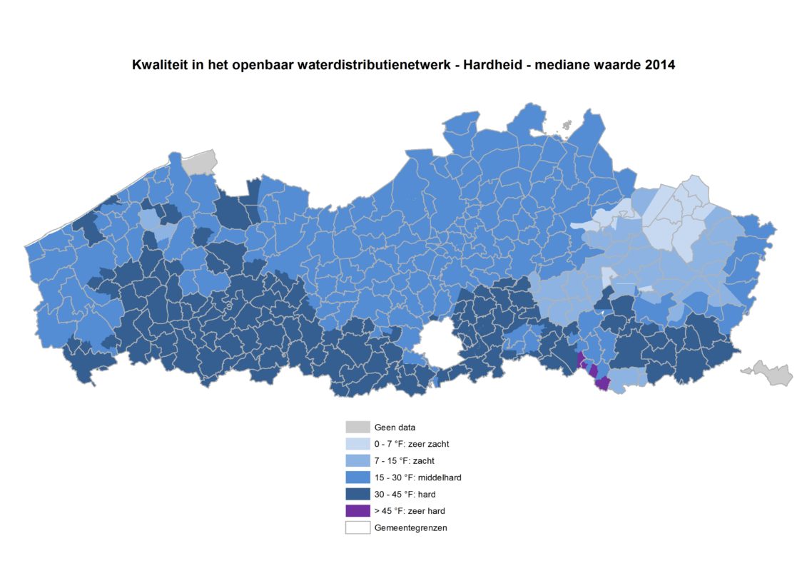 België - Kaart met daarop de hardheid van het water per gebied